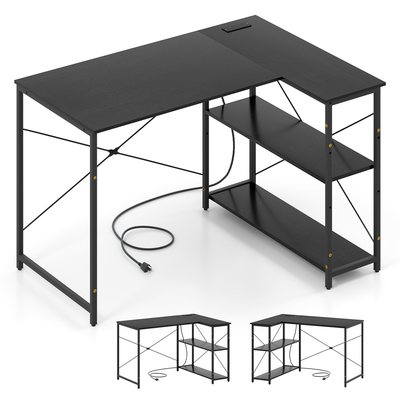 47 Inch L Shaped Computer Desk with Charging Station and Corner Storage Shelves